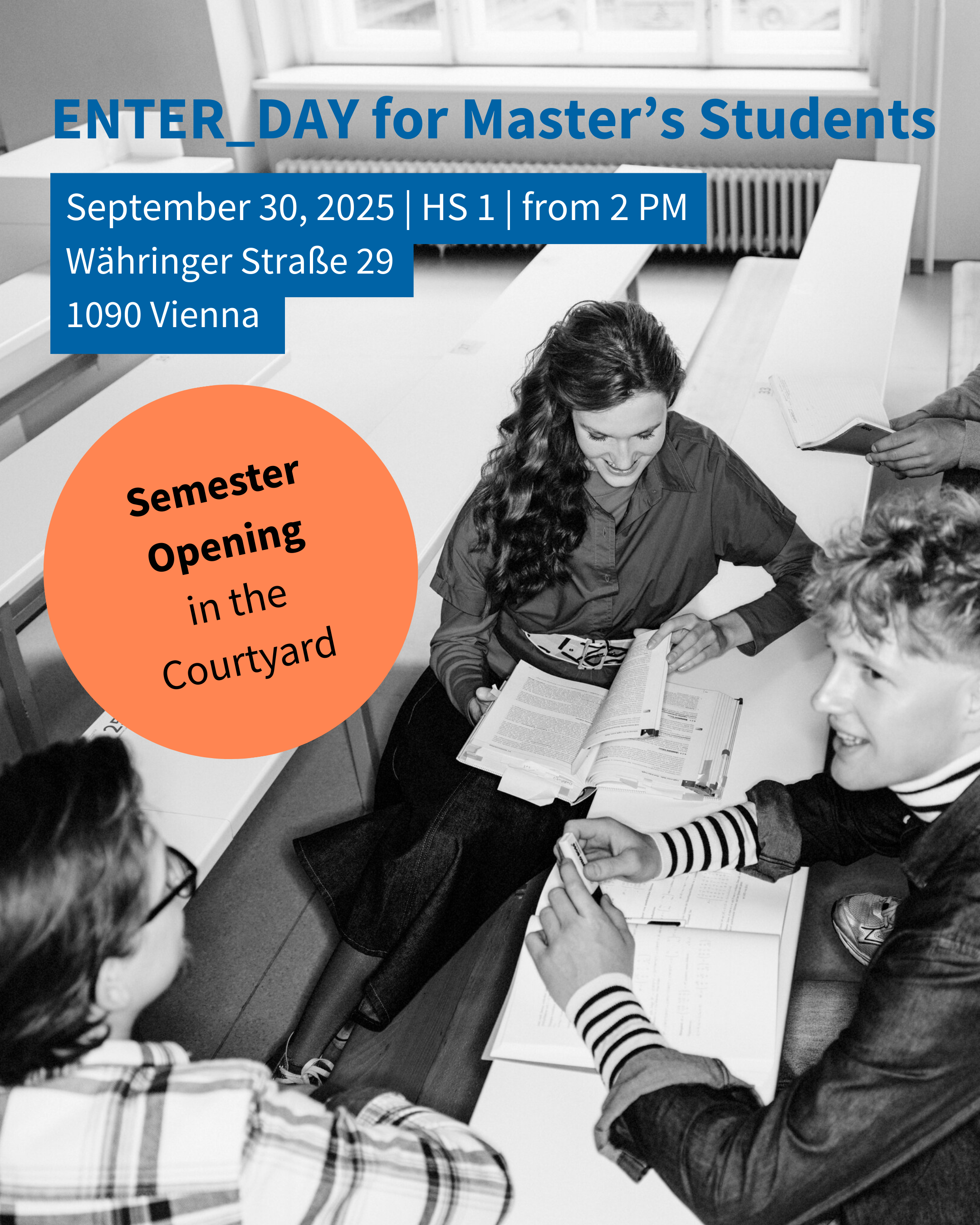 Einladung zum Enter_Day für Master Studierende. Bild mit drei Studierenden und Einladungstext.