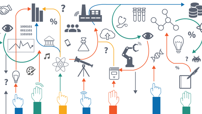 Illustration zum Thema Data Sience: unterschiedliche Symbole stellen Datenquellen dar. Bunte Hände deuten auf die Symbole.