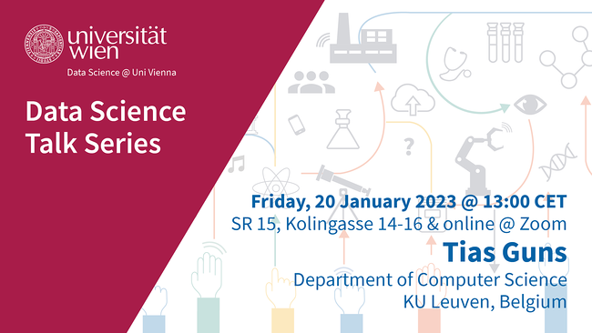 Einladung zum Datascience Talk mit Tias Guns (KU Leuven) am 20.1.2023. Titel: "Learning from user and environment in combinatorial optimisation"
